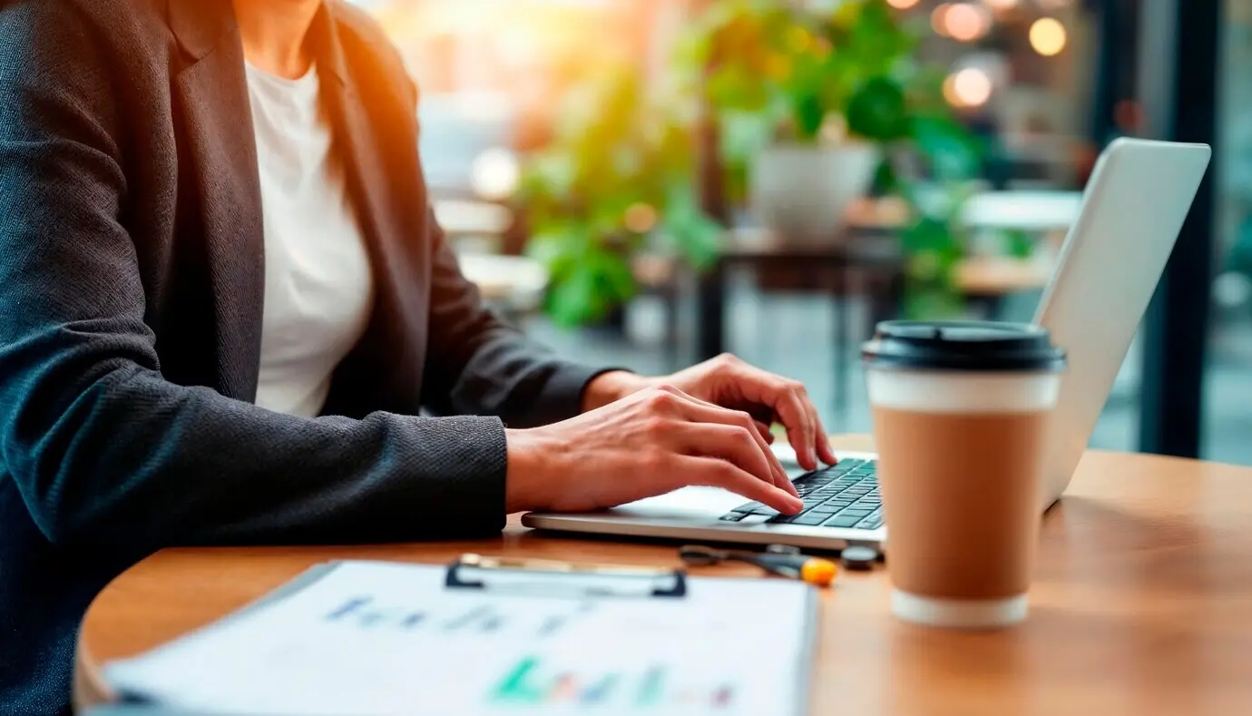 Женщина печатает на ноутбуке.